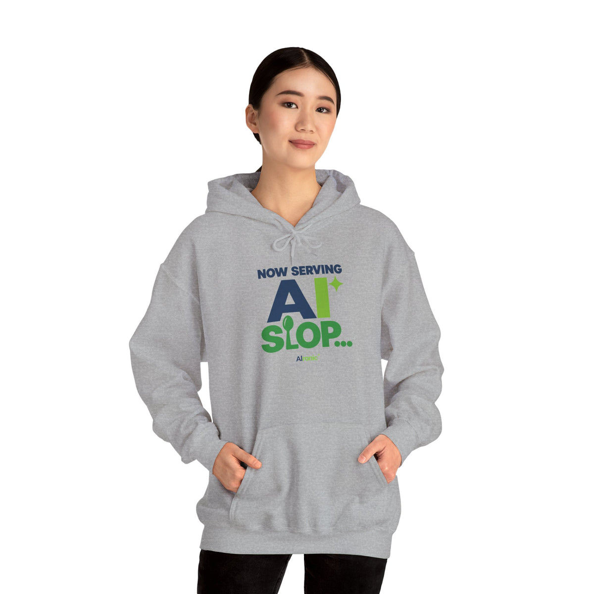AIronic hoodie featuring "Now Serving AI Slop" AI humor design, gallery view 24