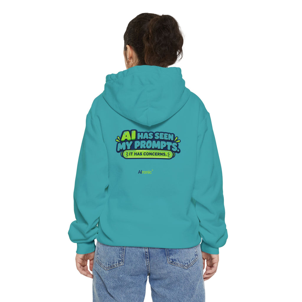 Pepper hoodie featuring “AI has seen my prompts. It has concerns” AI humor design by AIronic, catalog view 3