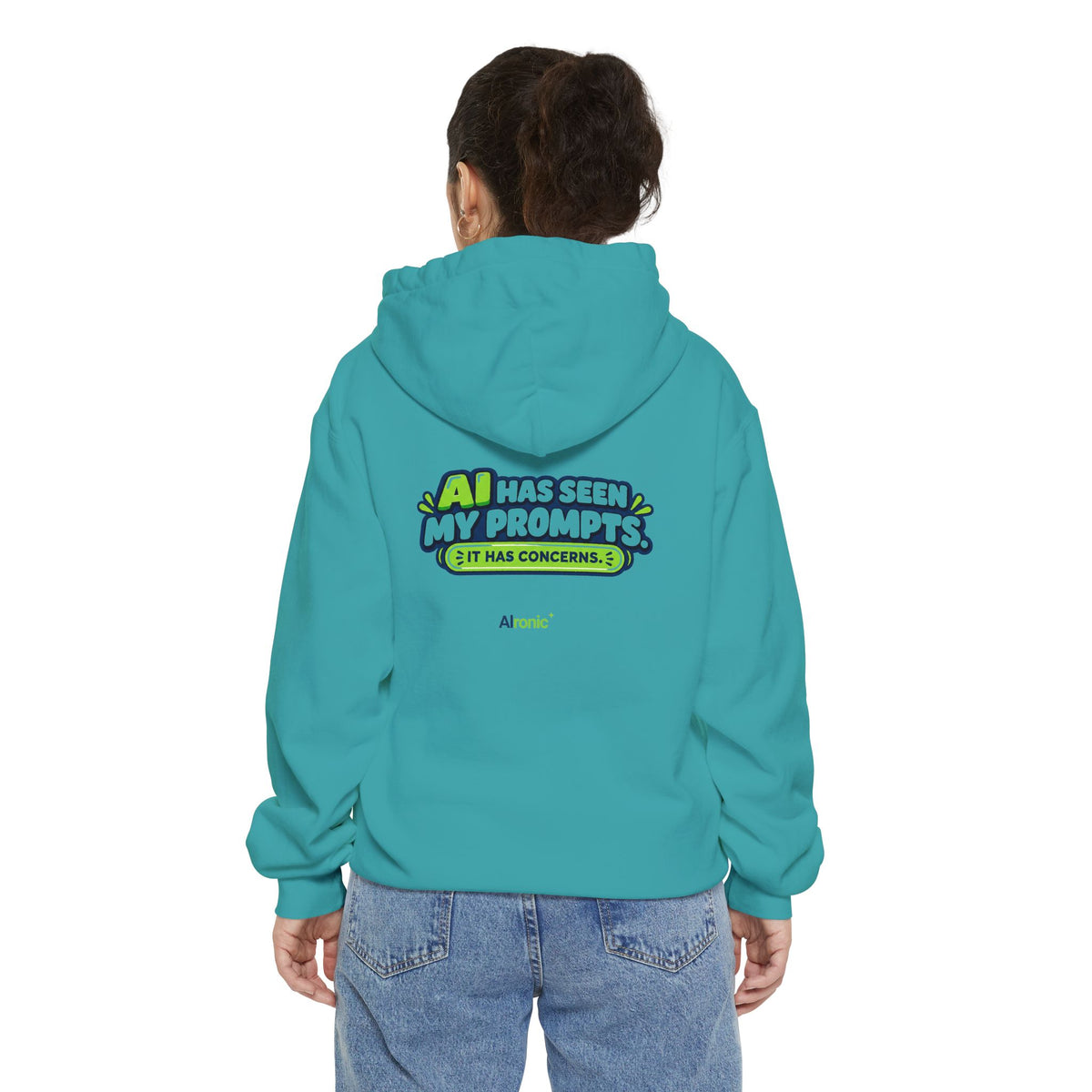Pepper hoodie featuring “AI has seen my prompts. It has concerns” AI humor design by AIronic, catalog view 3