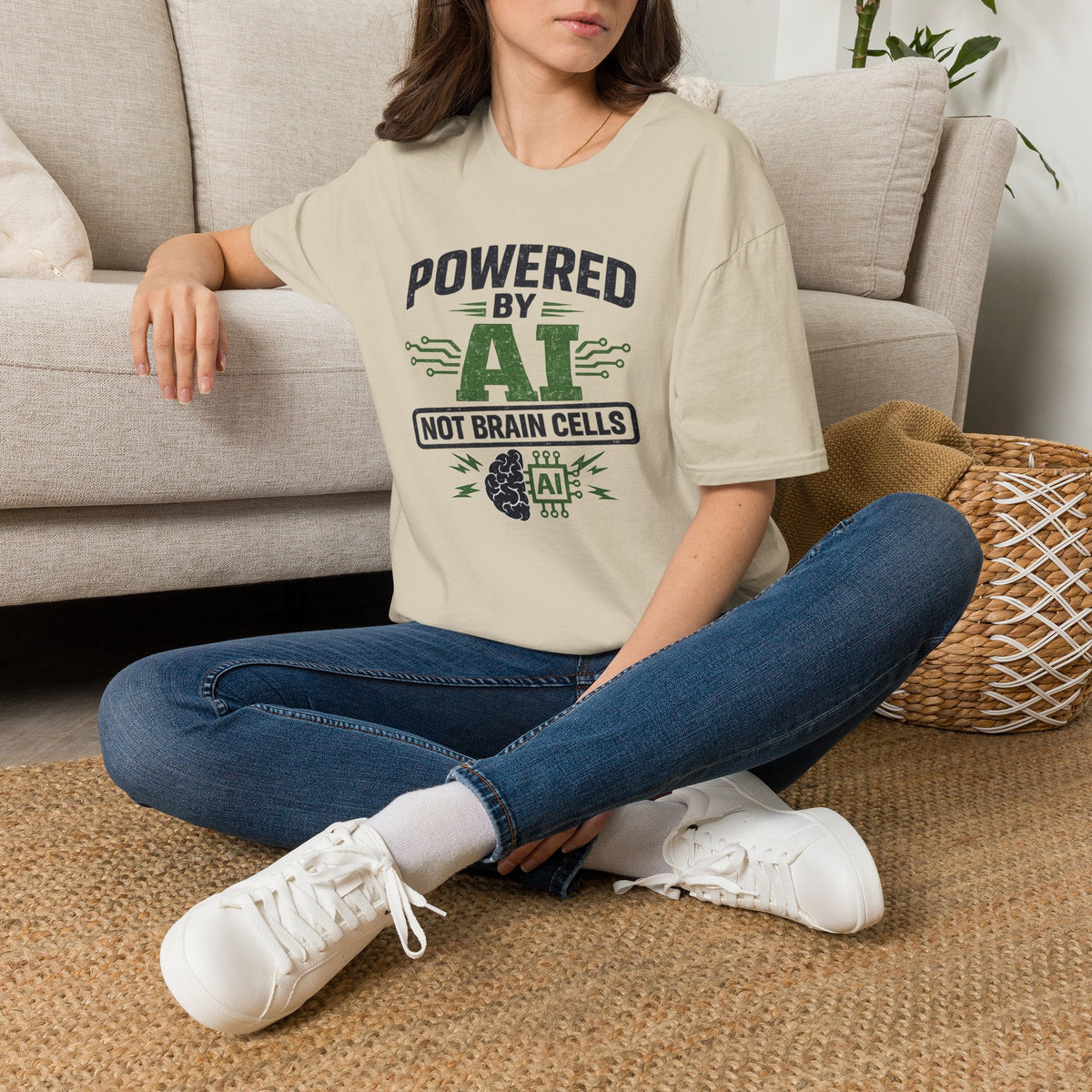 T-Shirt featuring "Powered by AI" AI humor design by AIronic, gallery view 19