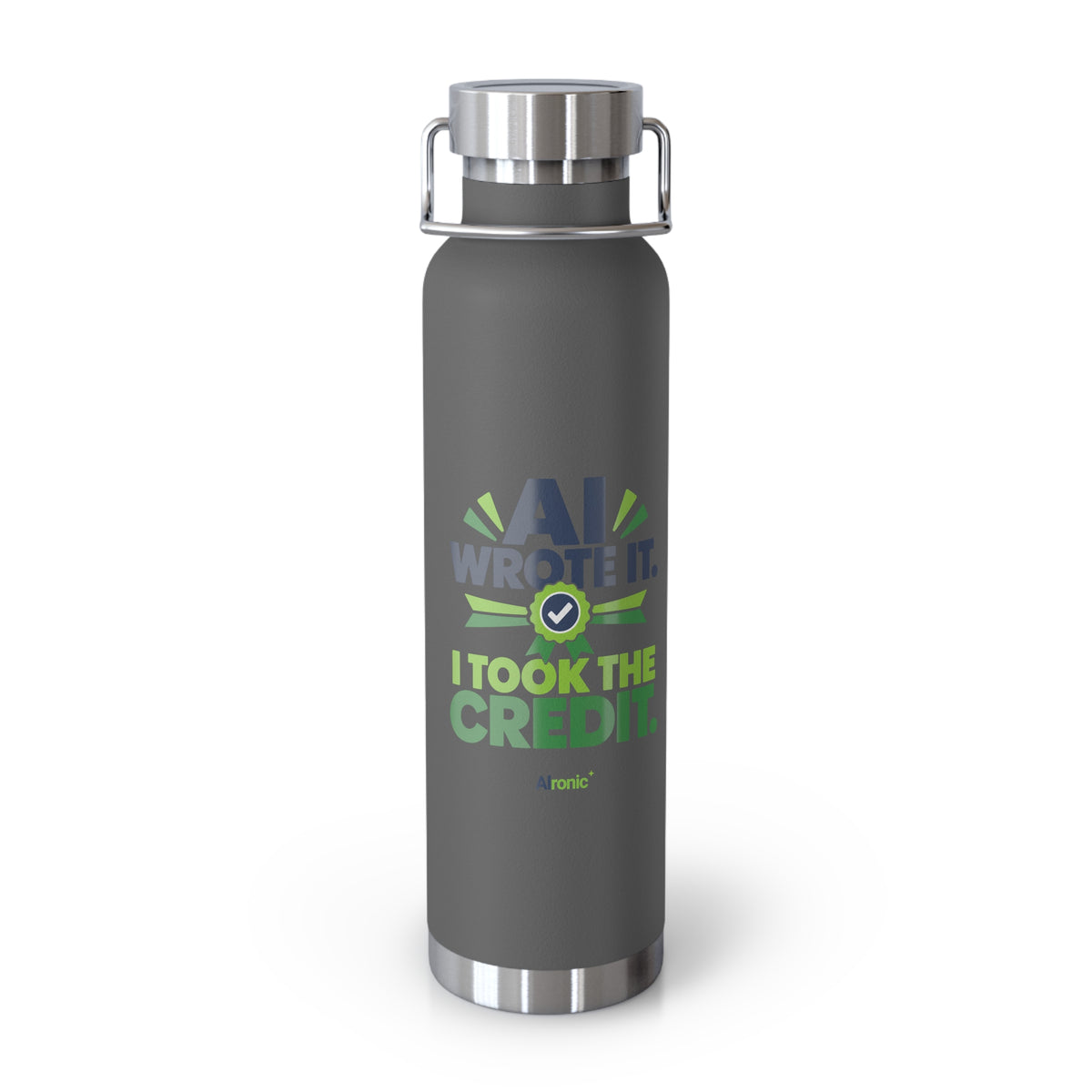 Grey Water Bottle featuring "AI Wrote It. I Took the Credit." AI humor design by AIronic, gallery view 3