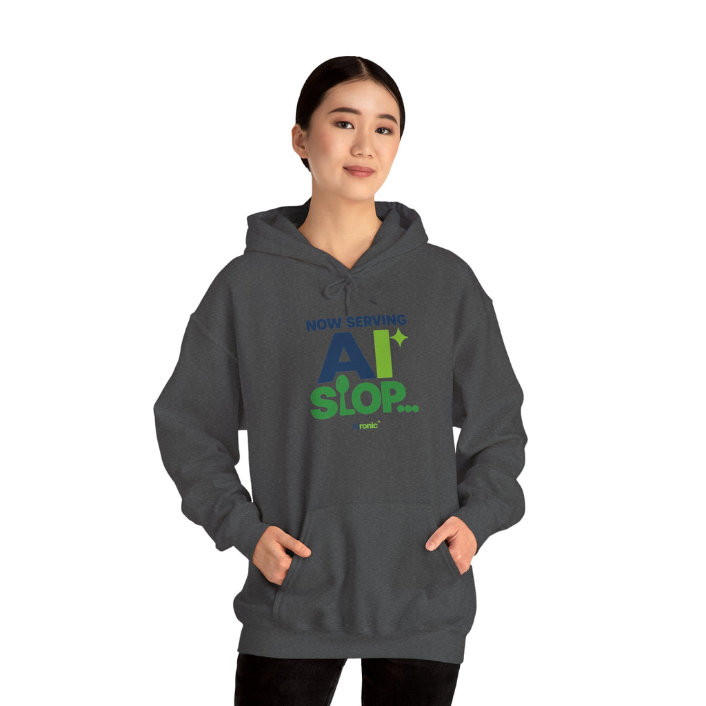 AIronic hoodie featuring "Now Serving AI Slop" AI humor design, gallery view 33