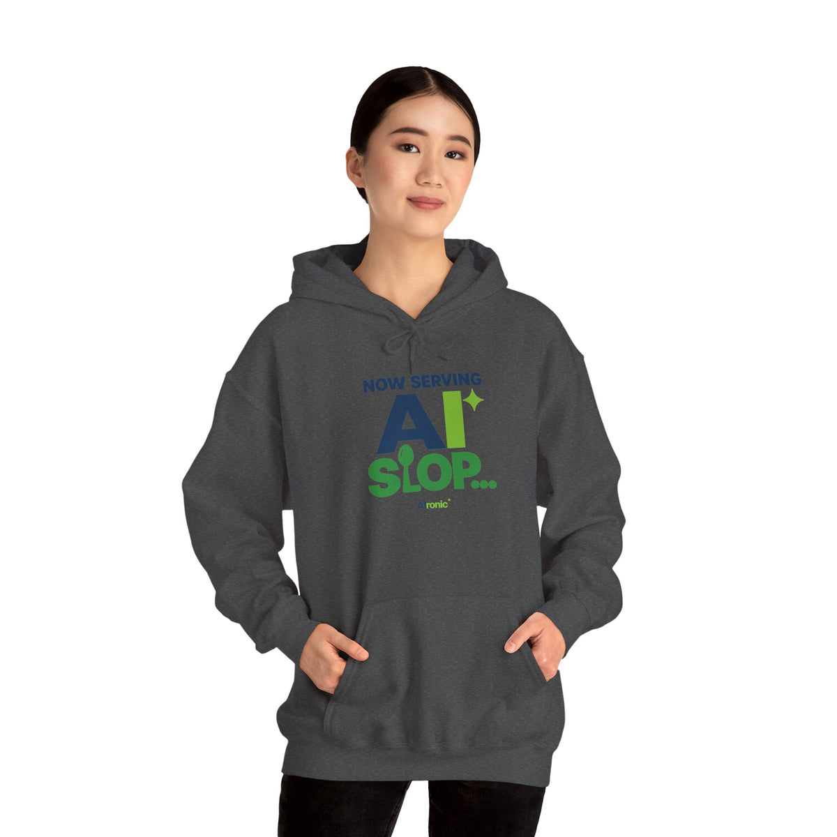 AIronic hoodie featuring "Now Serving AI Slop" AI humor design, gallery view 33