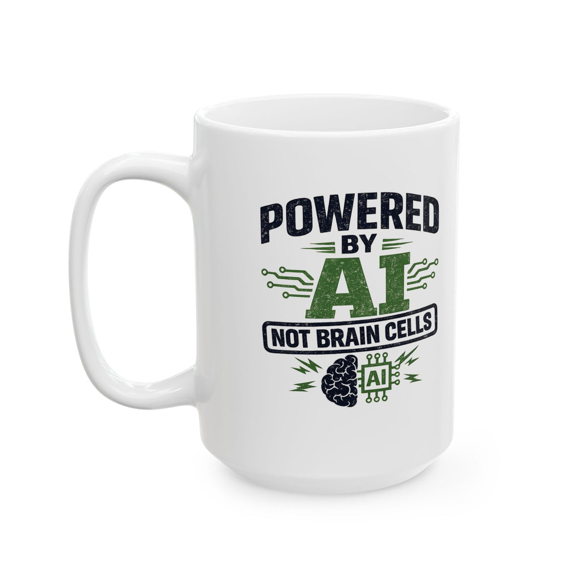 Mug featuring "Powered by AI" AI humor design by AIronic, gallery view 7