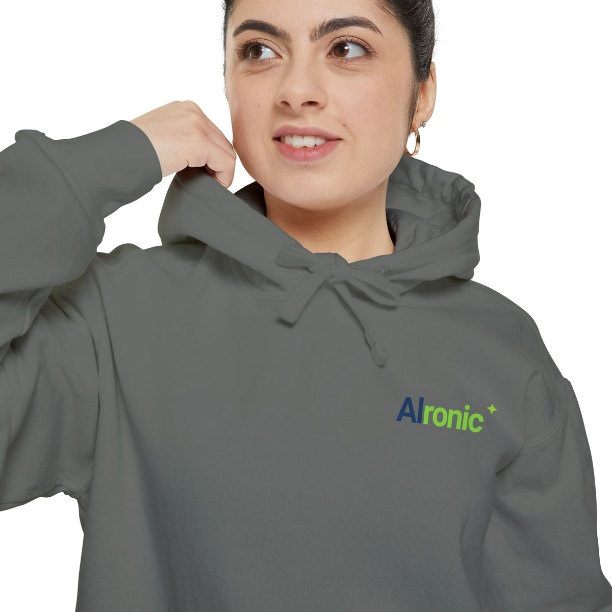 White hoodie featuring “I asked AI. AI asked why” AI humor design by AIronic, catalog view 3