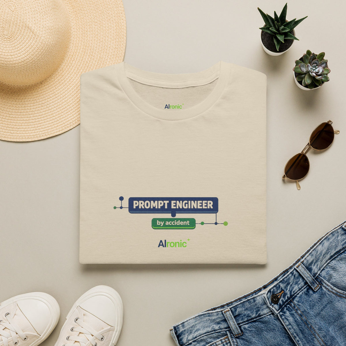 Sand T-Shirt featuring "Prompt Engineer by Accident" AI humor design by AIronic, gallery view 3