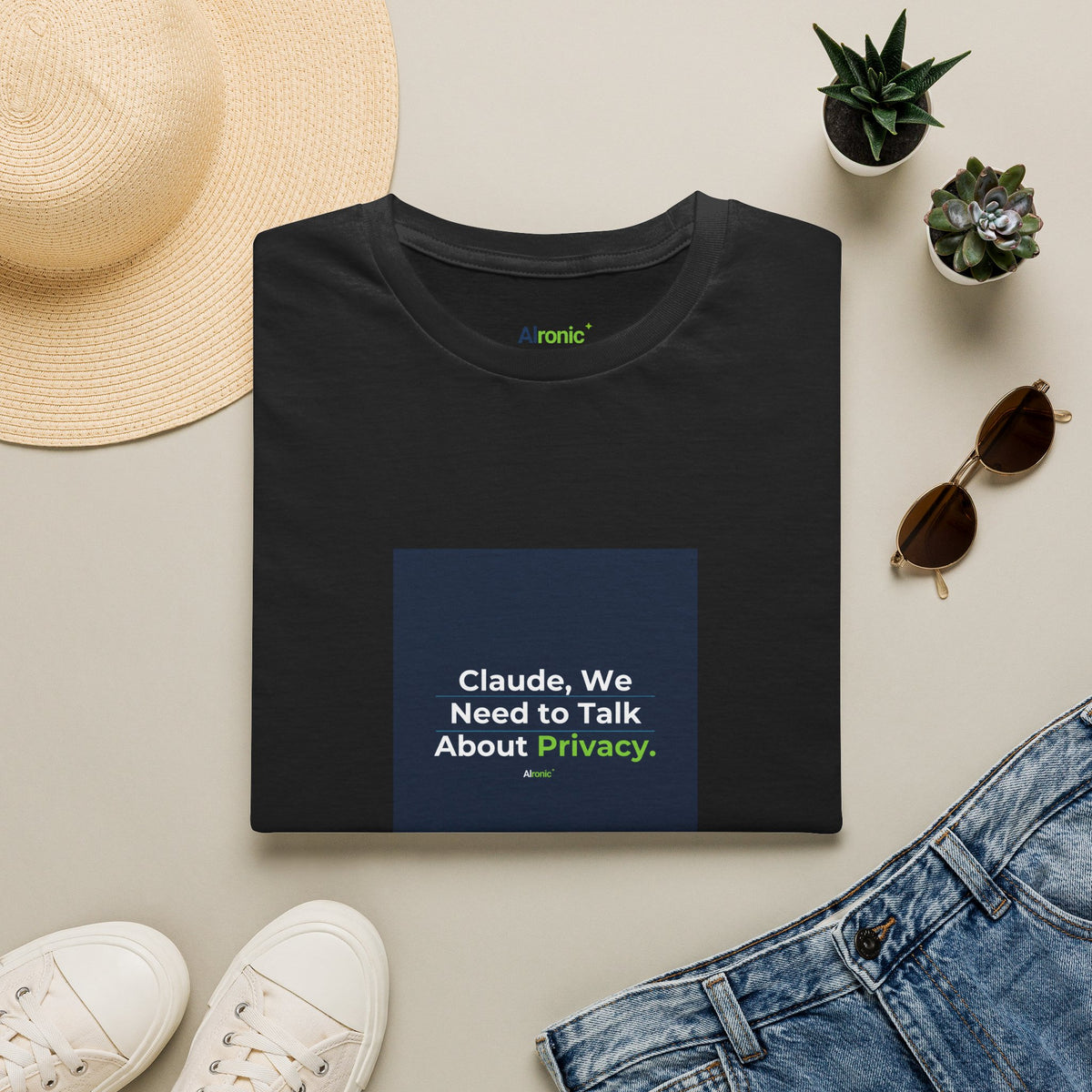 Black T-Shirt featuring "Claude Privacy" AI humor design by AIronic, gallery view 2