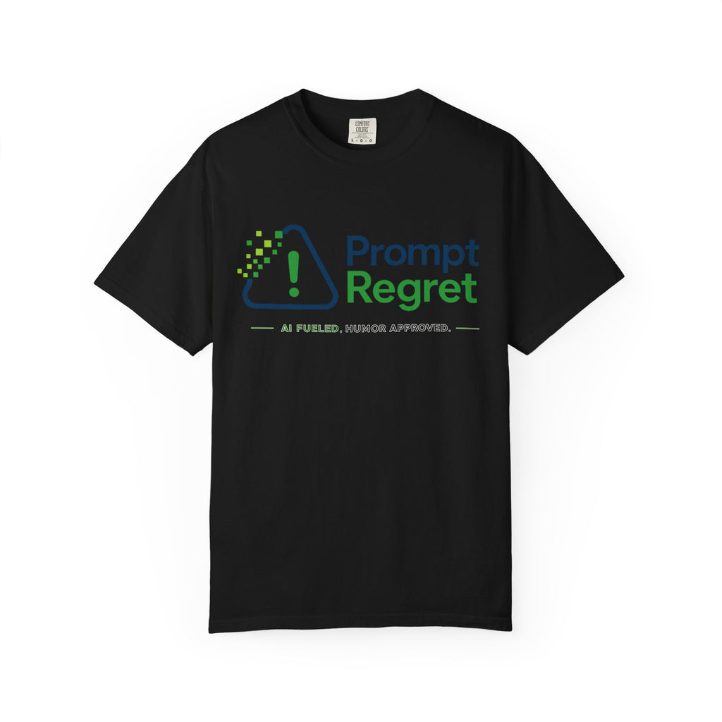 Black T-Shirt featuring "Prompt Regret" AI humor design by AIronic, gallery view 6