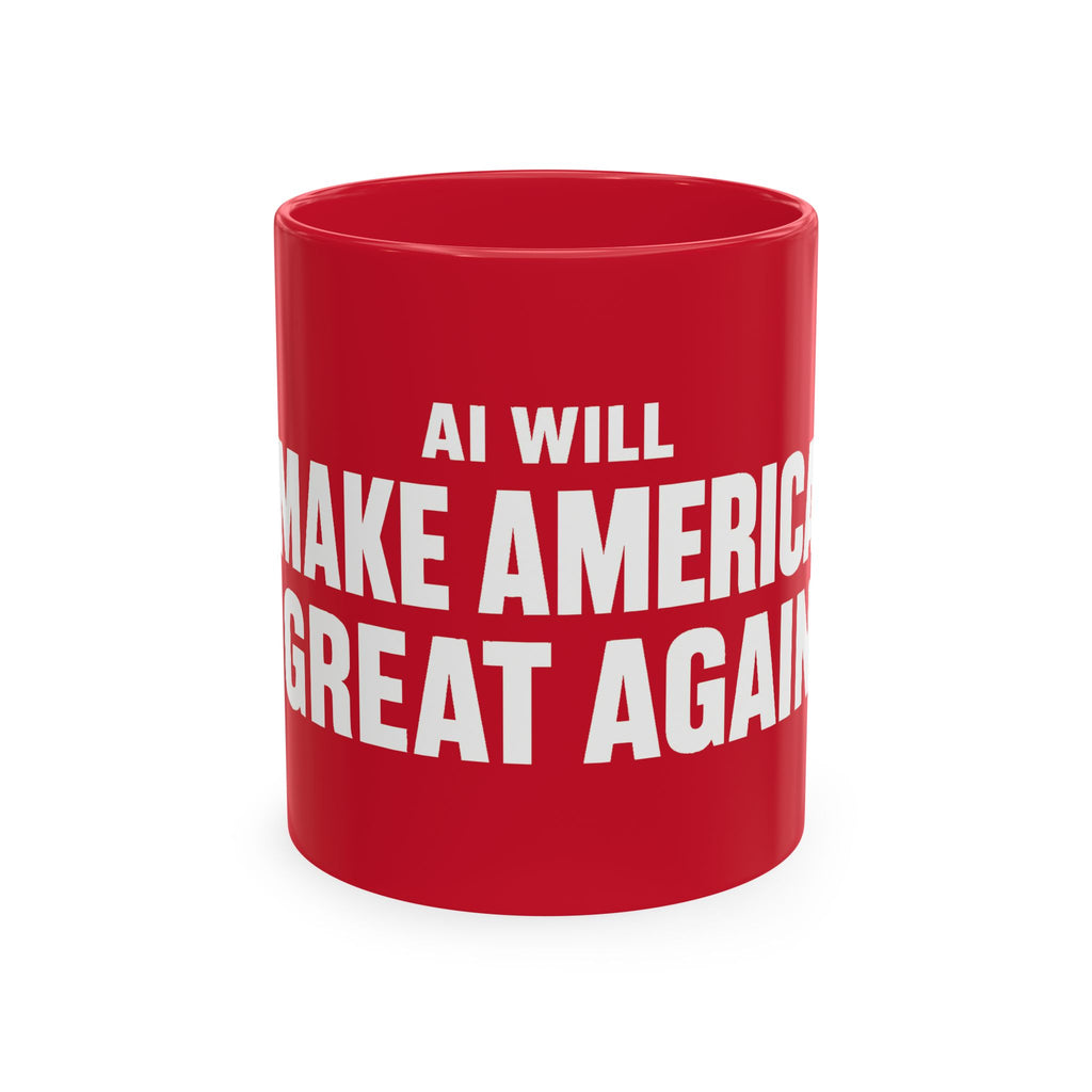 Red Mug featuring "AI Will Make America Great Again" AI humor design by AIronic, gallery view 1