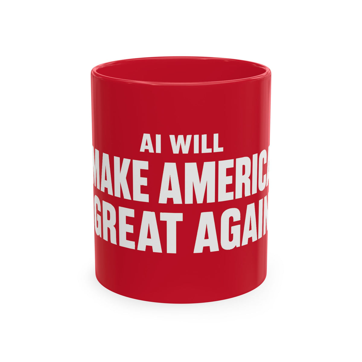 Red Mug featuring "AI Will Make America Great Again" AI humor design by AIronic, gallery view 1