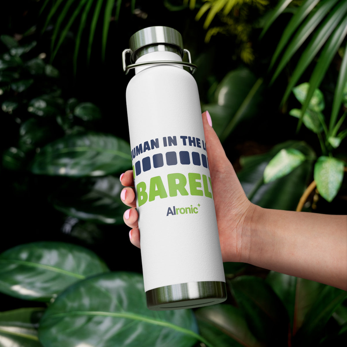 Water Bottle featuring "Human in the Loop. Barely." AI humor design by AIronic, gallery view 9