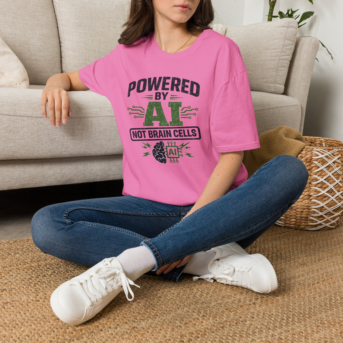 T-Shirt featuring "Powered by AI" AI humor design by AIronic, gallery view 40
