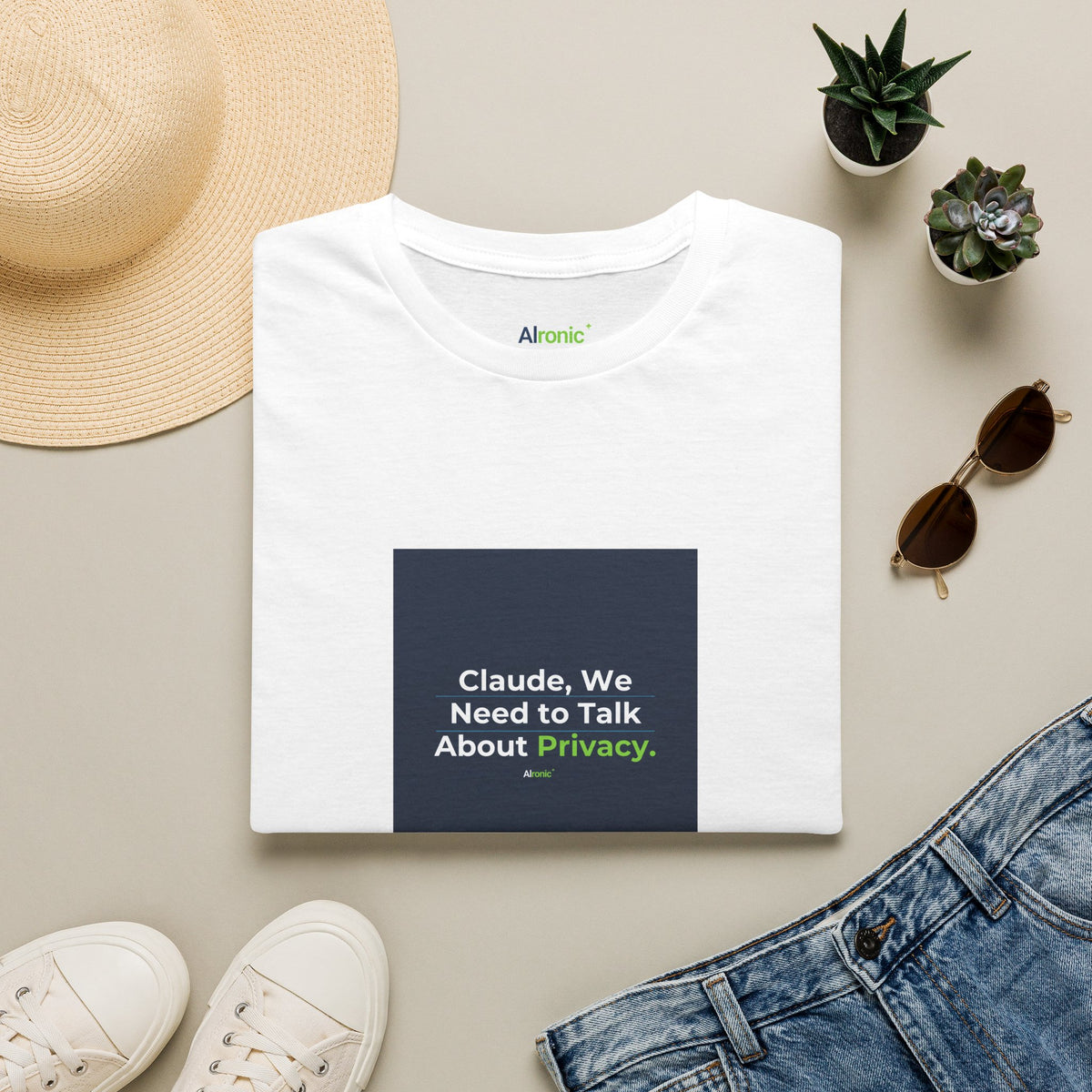 T-Shirt featuring "Claude Privacy" AI humor design by AIronic, gallery view 13