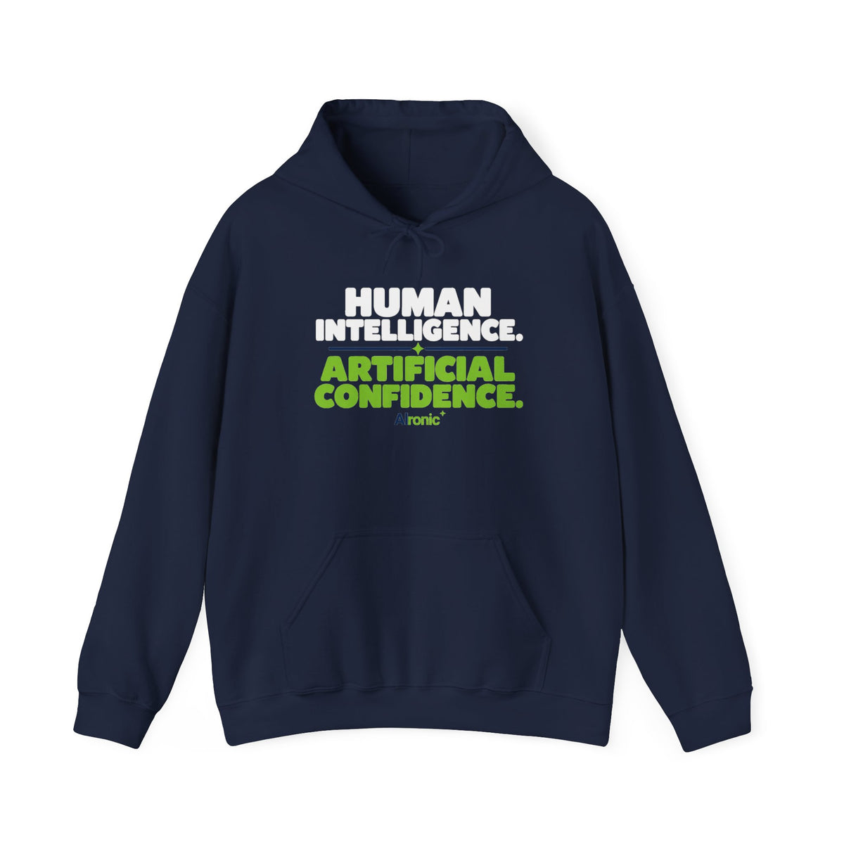 Navy Hoodie featuring "Human Intelligence. Artificial Confidence." AI humor design by AIronic, gallery view 9