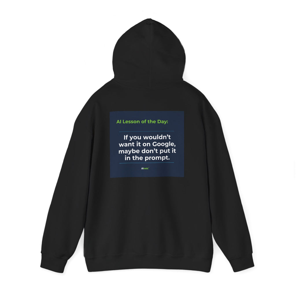 Hoodie featuring "Google Prompt Privacy" AI humor design by AIronic, gallery view 16