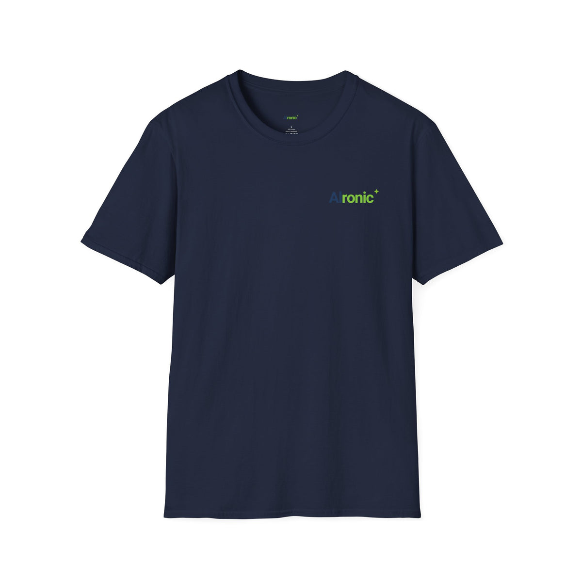 Navy T-Shirt featuring "AIronic Minimal Logo Casual" AI humor design by AIronic, gallery view 10