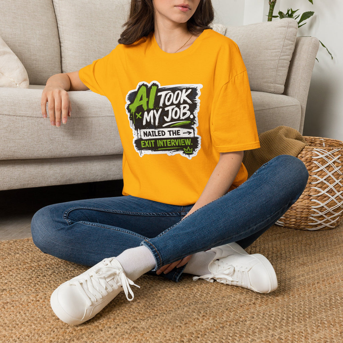 T-Shirt featuring "AI Took My Job - Nailed Exit Interview" AI humor design by AIronic, gallery view 25