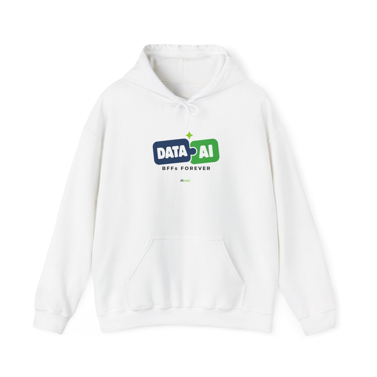 AIronic Hoodie featuring "Data + AI BFFs Forever" AI humor design, gallery view 1