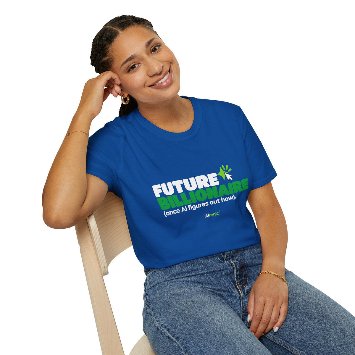 Black T-shirt featuring “Future billionaire, once AI figures out how” AI humor design by AIronic, catalog view 5