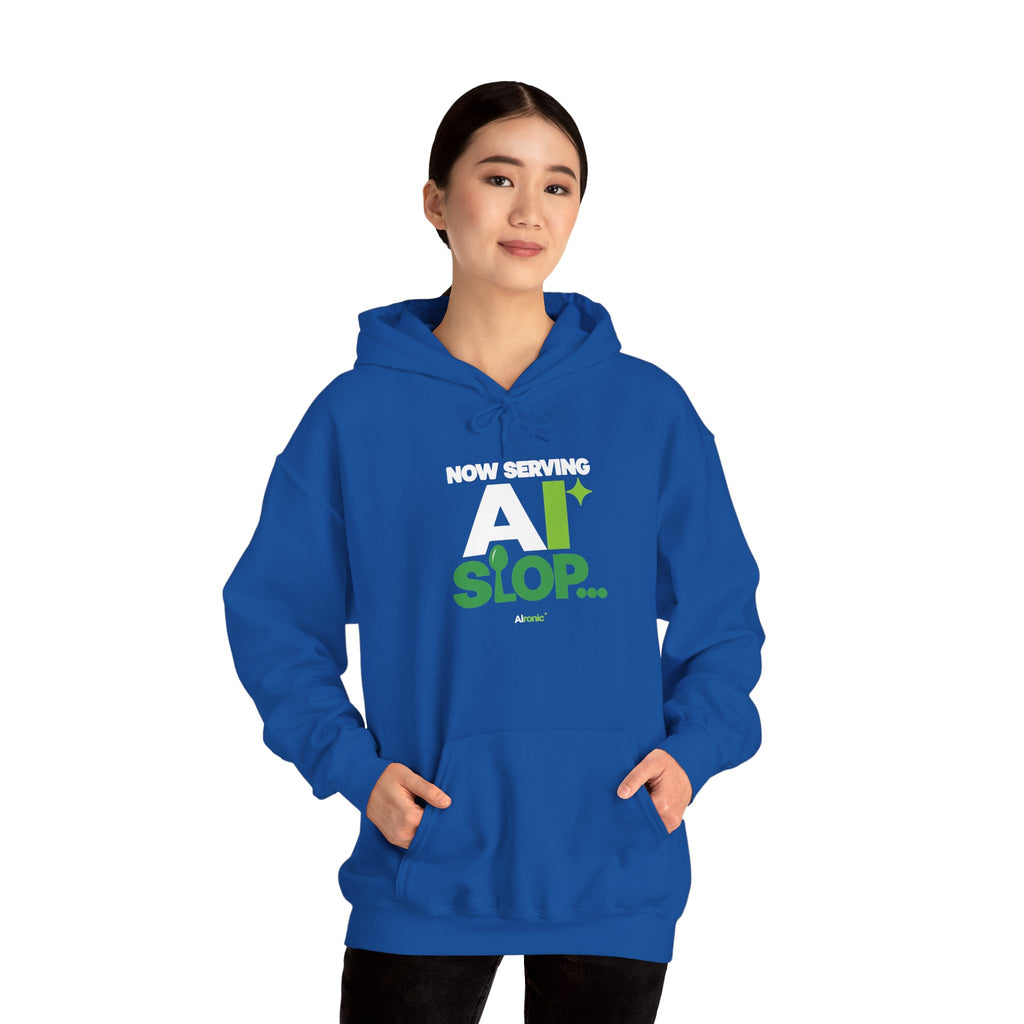 AIronic hoodie featuring "Now Serving AI Slop" AI humor design, gallery view 39
