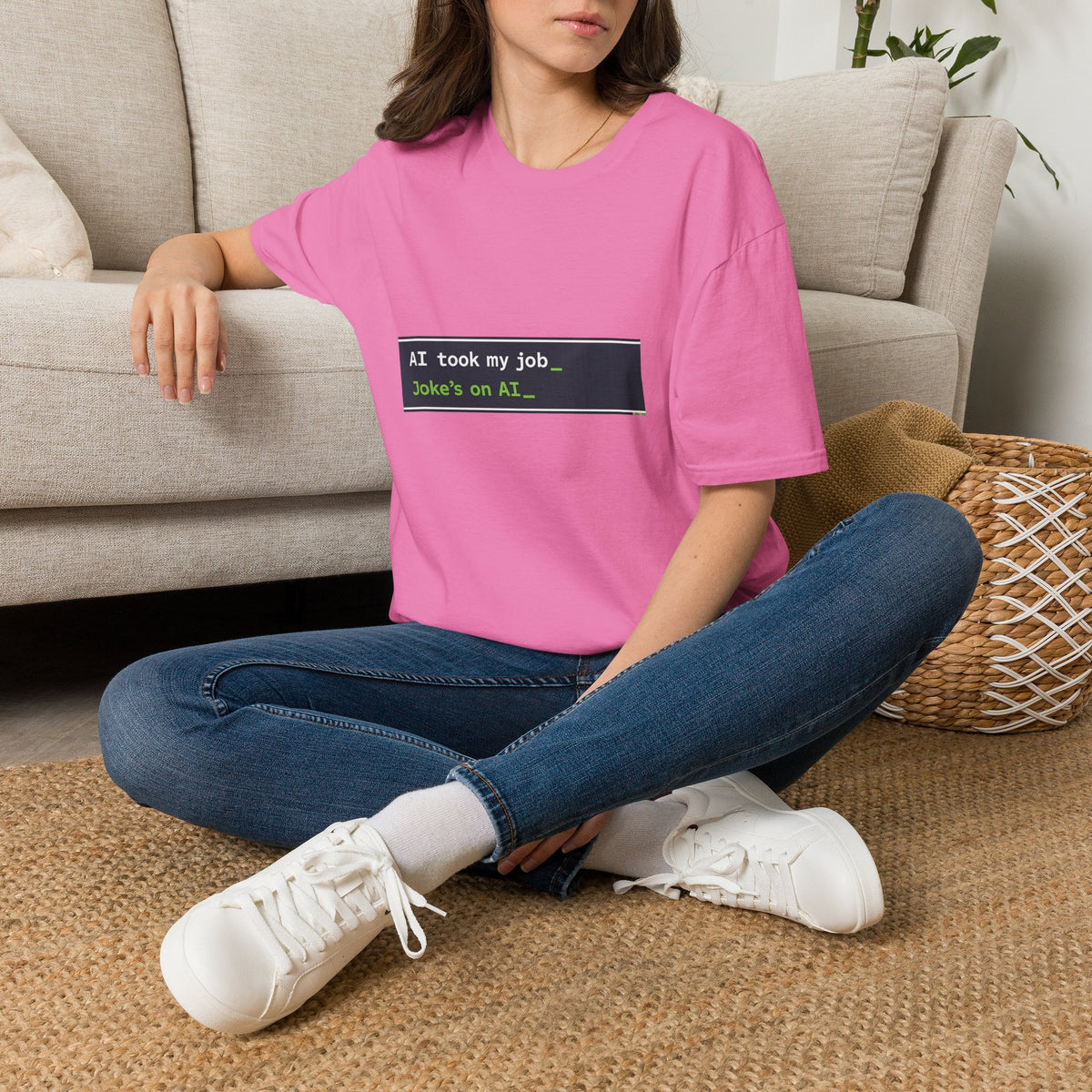 T-Shirt featuring "AI Took My Job - Joke’s on AI" AI humor design by AIronic, gallery view 40