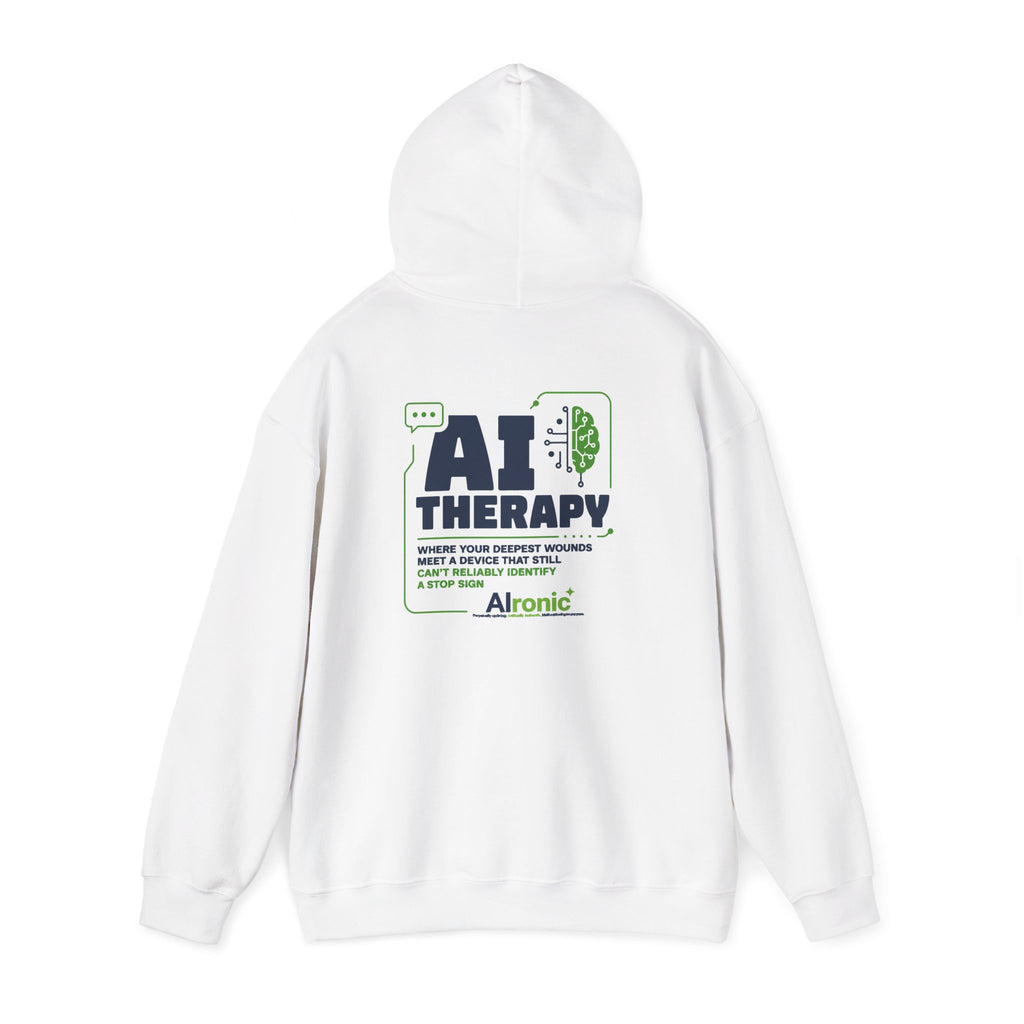 Hoodie featuring “AI Therapy” AI humor design by AIronic, gallery view 14