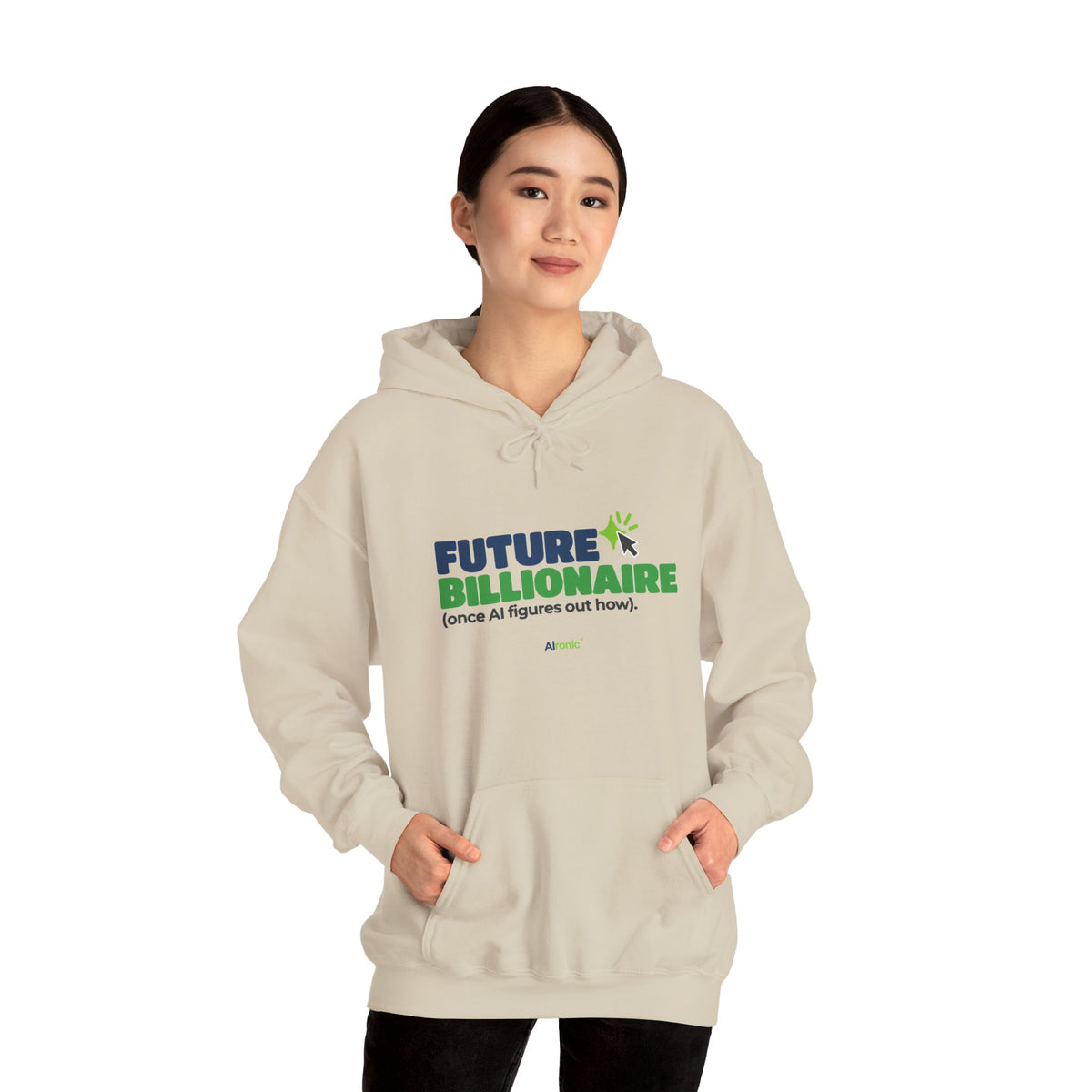 Light Pink hoodie featuring “Future billionaire, once AI figures out how” AI humor design by AIronic, catalog view 2