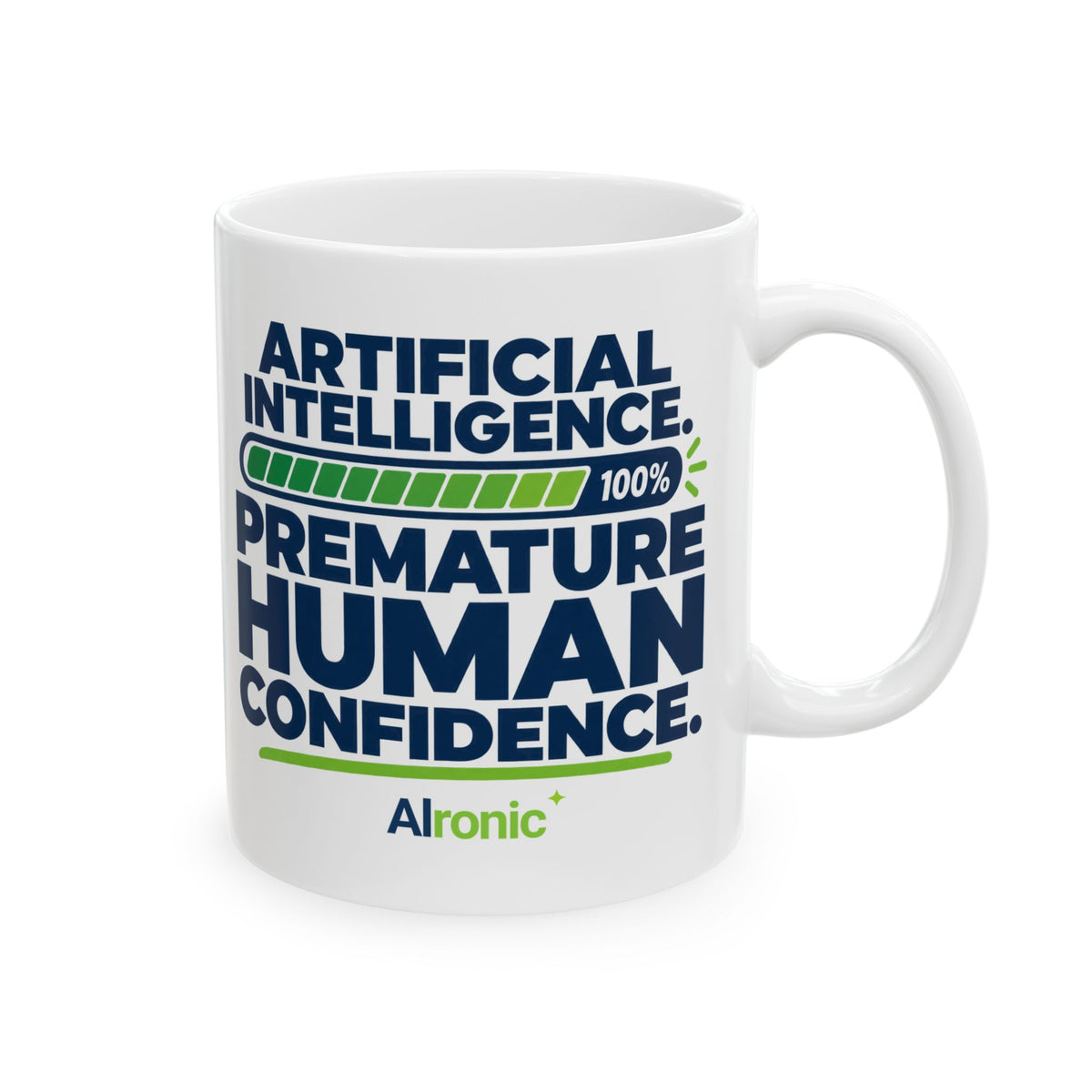 AIronic mug featuring "Premature Human Confidence" AI humor design, gallery view 5