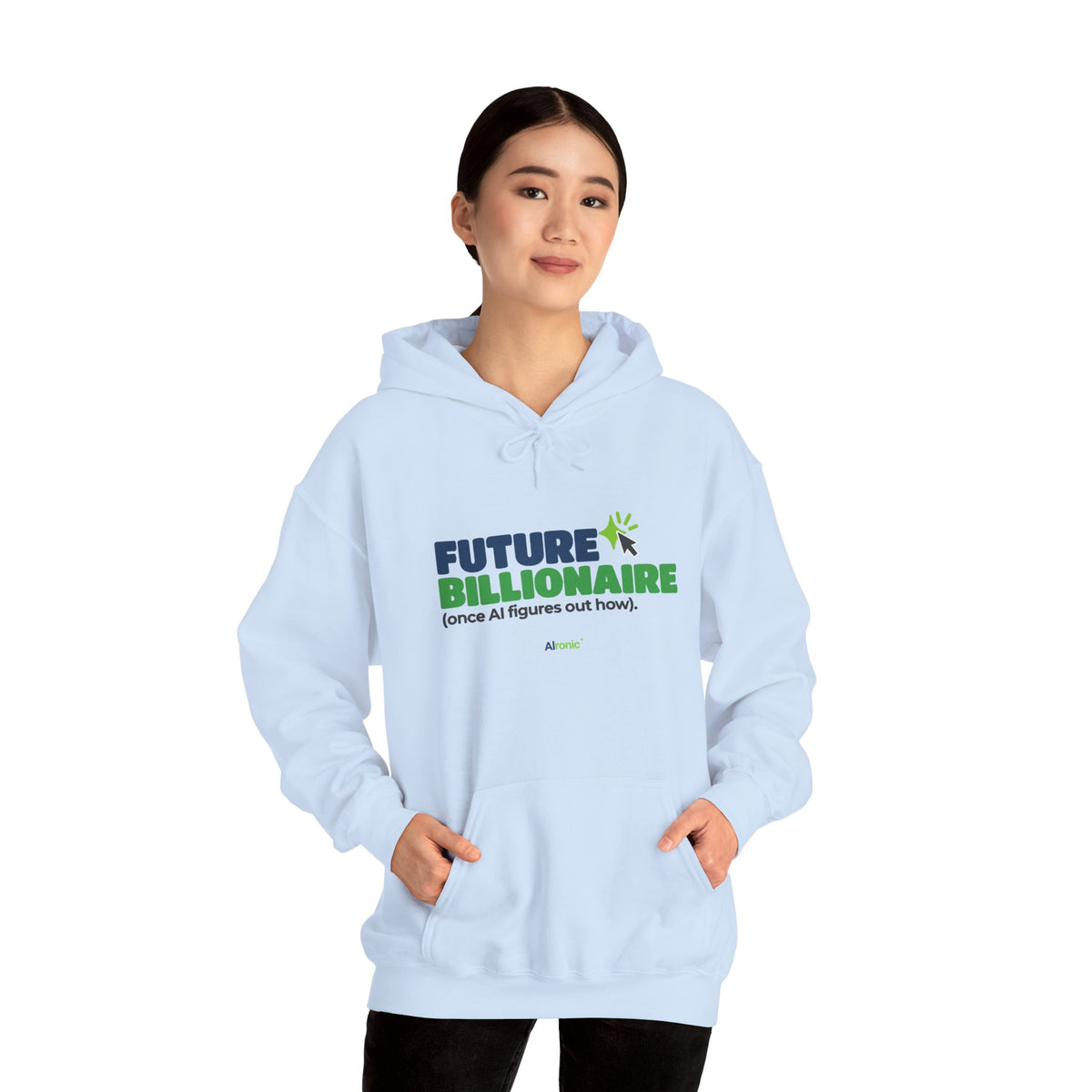 Dark Heather hoodie featuring “Future billionaire, once AI figures out how” AI humor design by AIronic, catalog view 4