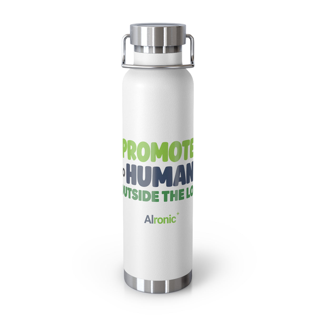 AIronic 22oz water bottle featuring “Promoted to Human Outside the Loop” AI humor design, gallery view 1