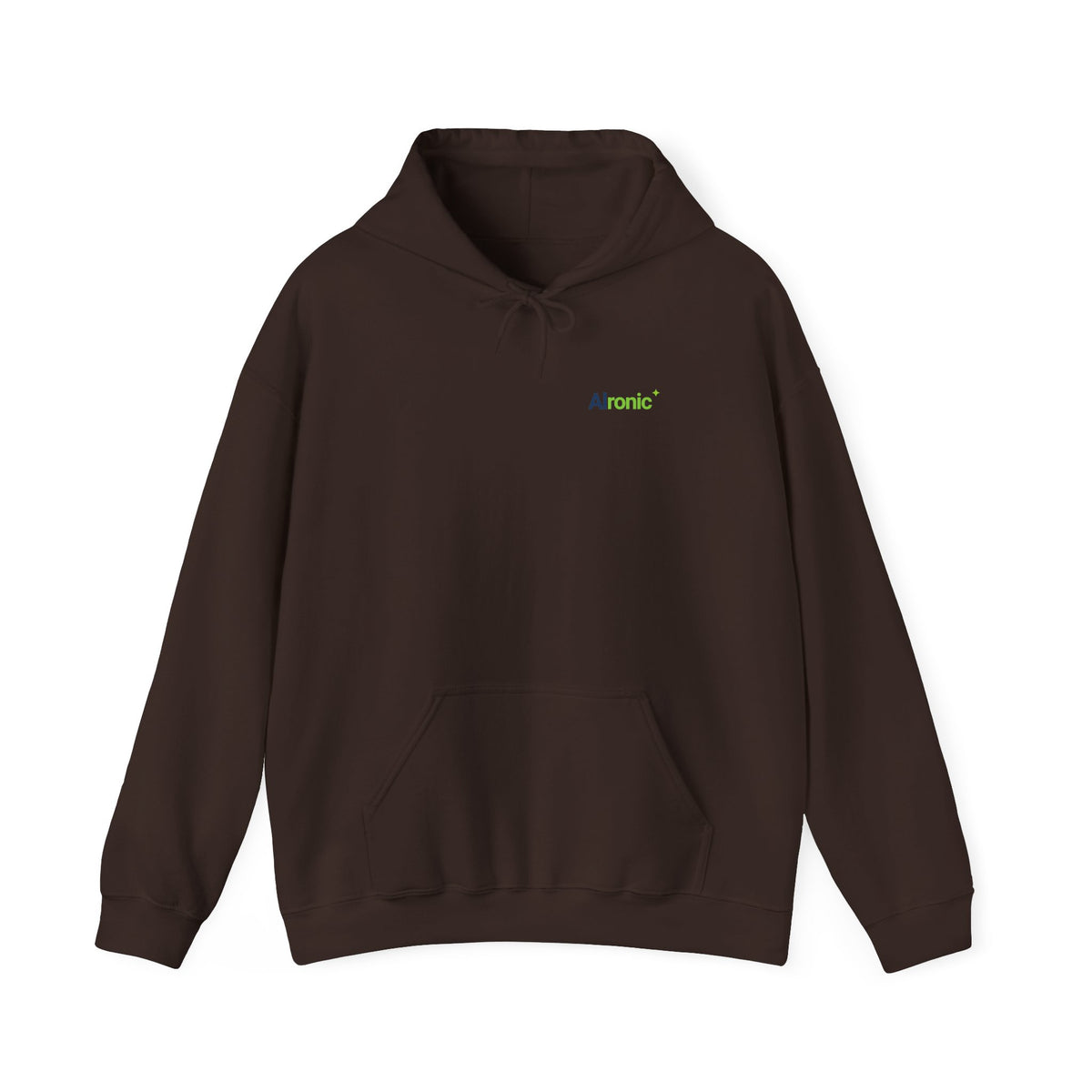 Dark Chocolate hoodie featuring minimal “AI created this shirt” AI humor design by AIronic, catalog view 1