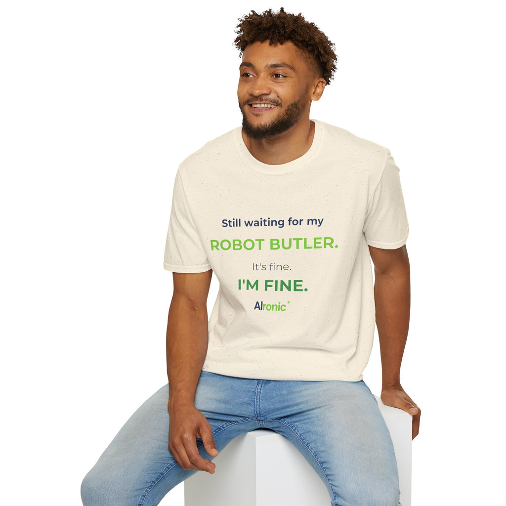 Light Blue T-shirt featuring “Still waiting for my robot butler” AI humor design by AIronic, catalog view 3