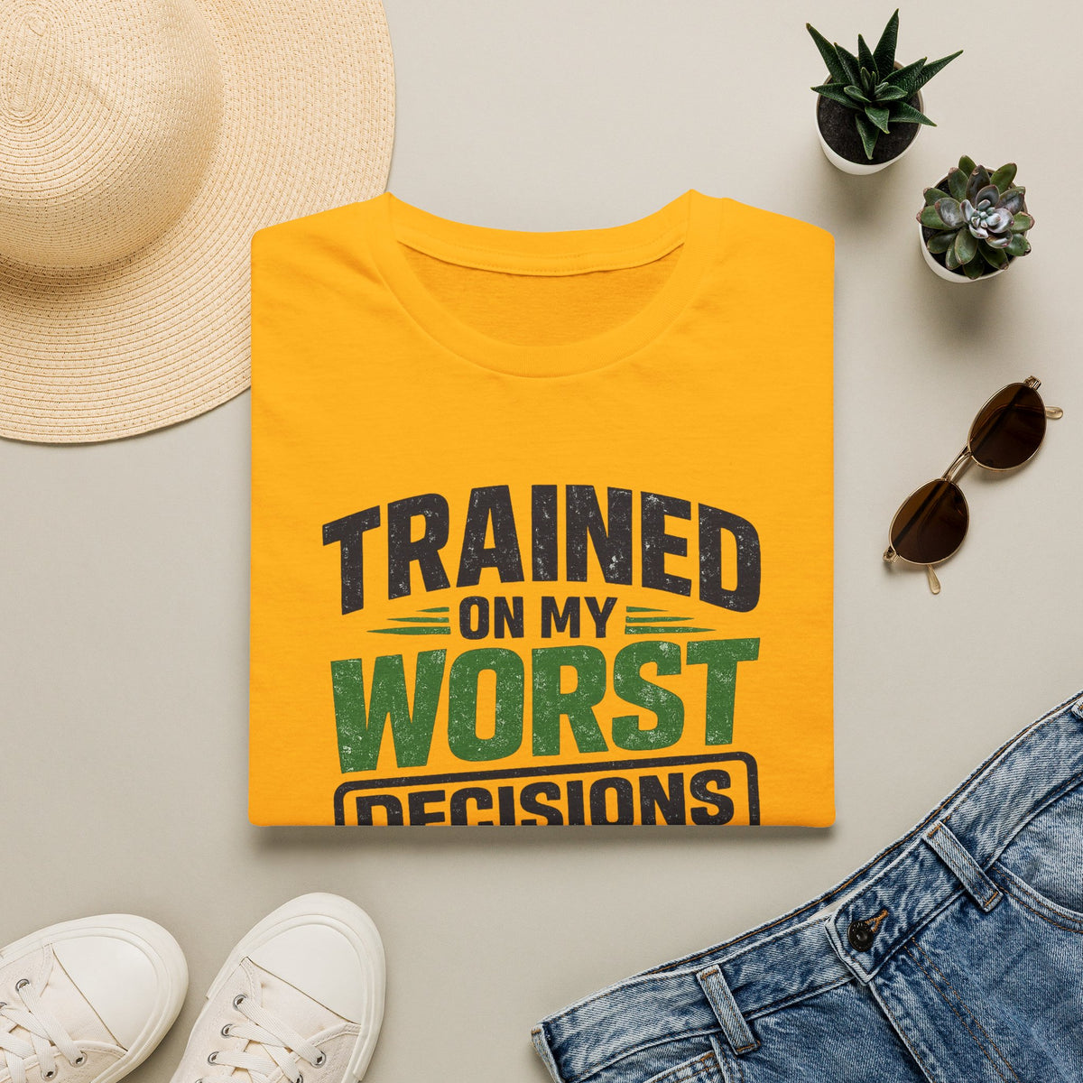 Gold T-Shirt featuring "Trained on My Worst Decisions Fitness" AI humor design by AIronic, gallery view 5