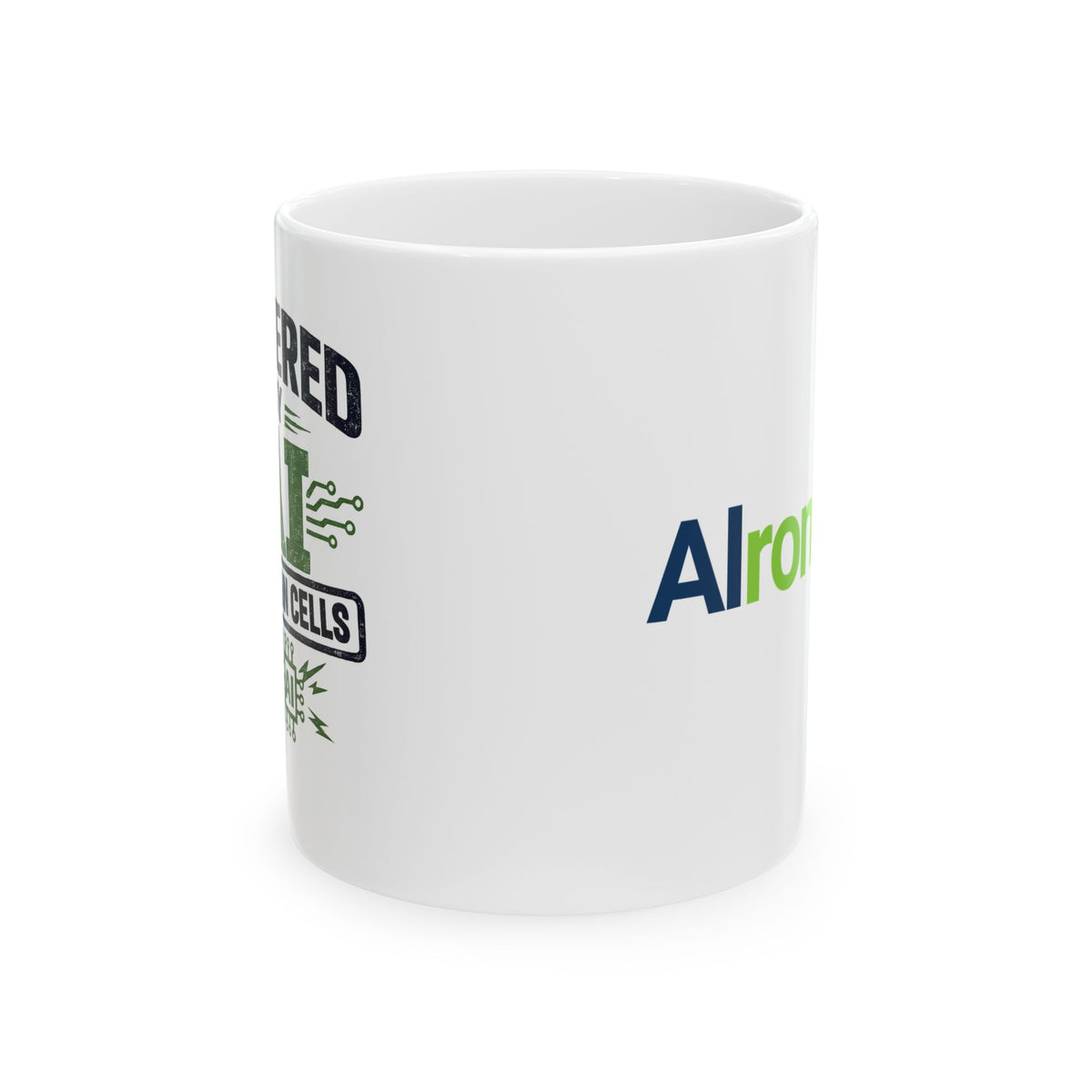 Mug featuring "Powered by AI" AI humor design by AIronic, gallery view 3