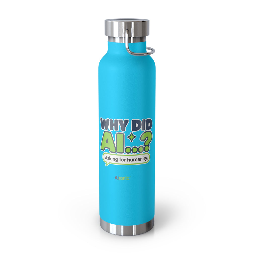 Grey water bottle featuring “Why did AI...?” AI humor design by AIronic, catalog view 4