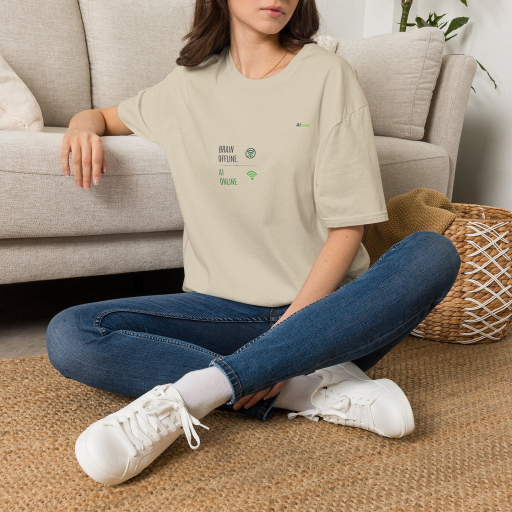 T-Shirt featuring "Brain Offline, AI Online" AI humor design by AIronic, gallery view 19