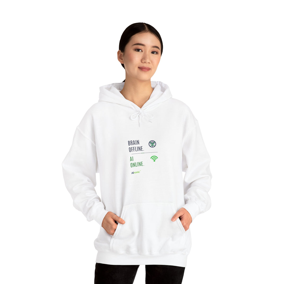 Hoodie featuring "Brain Offline, AI Online" AI humor design by AIronic, gallery view 16