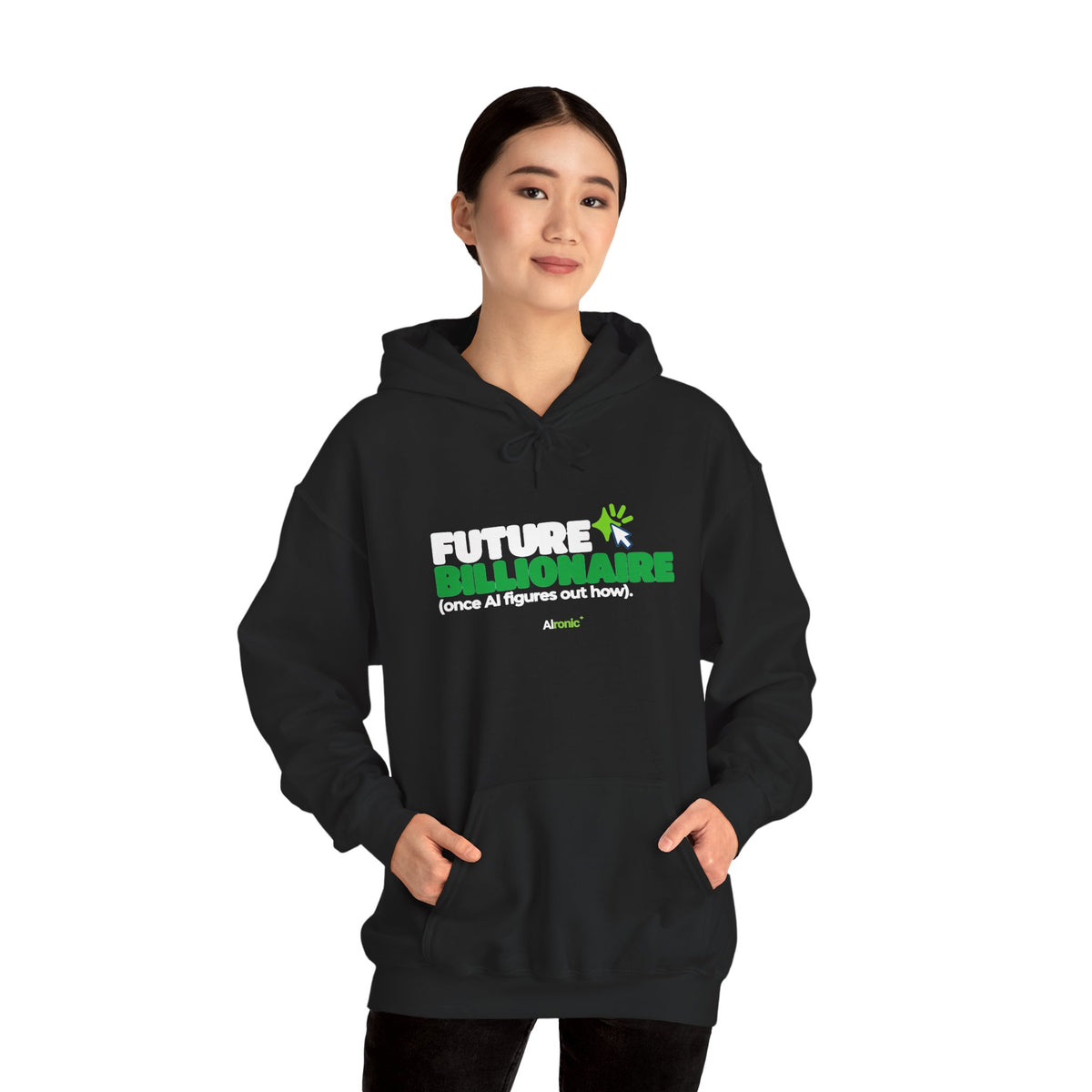 Dark Heather hoodie featuring “Future billionaire, once AI figures out how” AI humor design by AIronic, catalog view 2