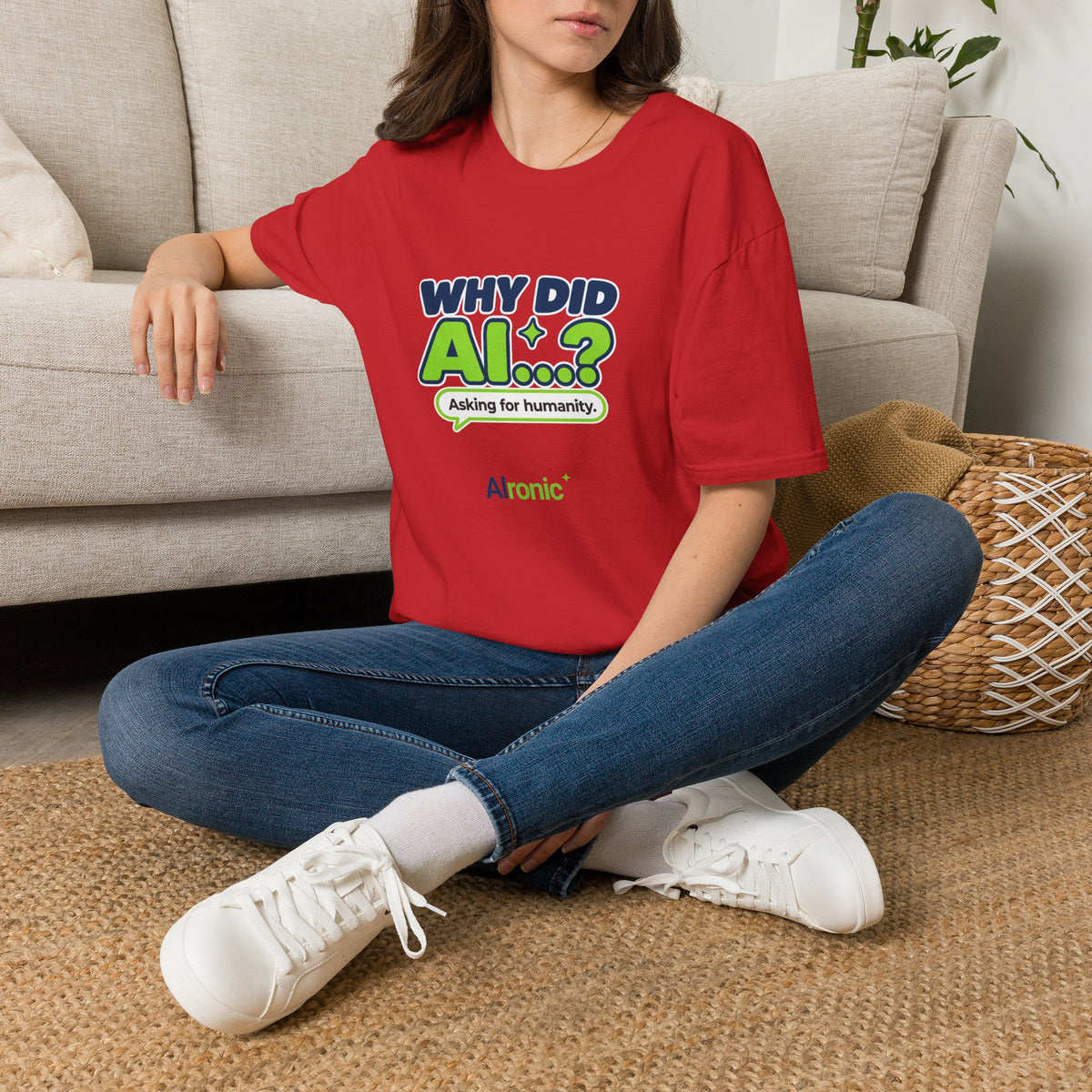 Red T-shirt featuring “Why did AI...?” AI humor design by AIronic, catalog view 1