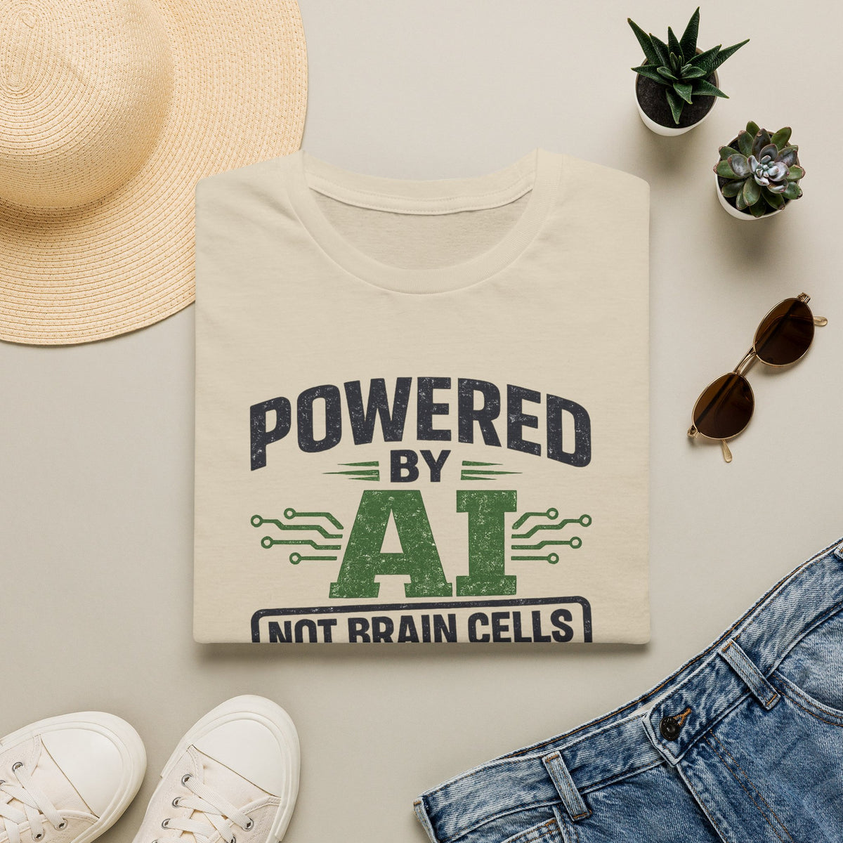 Sand T-Shirt featuring "Powered by AI" AI humor design by AIronic, gallery view 3