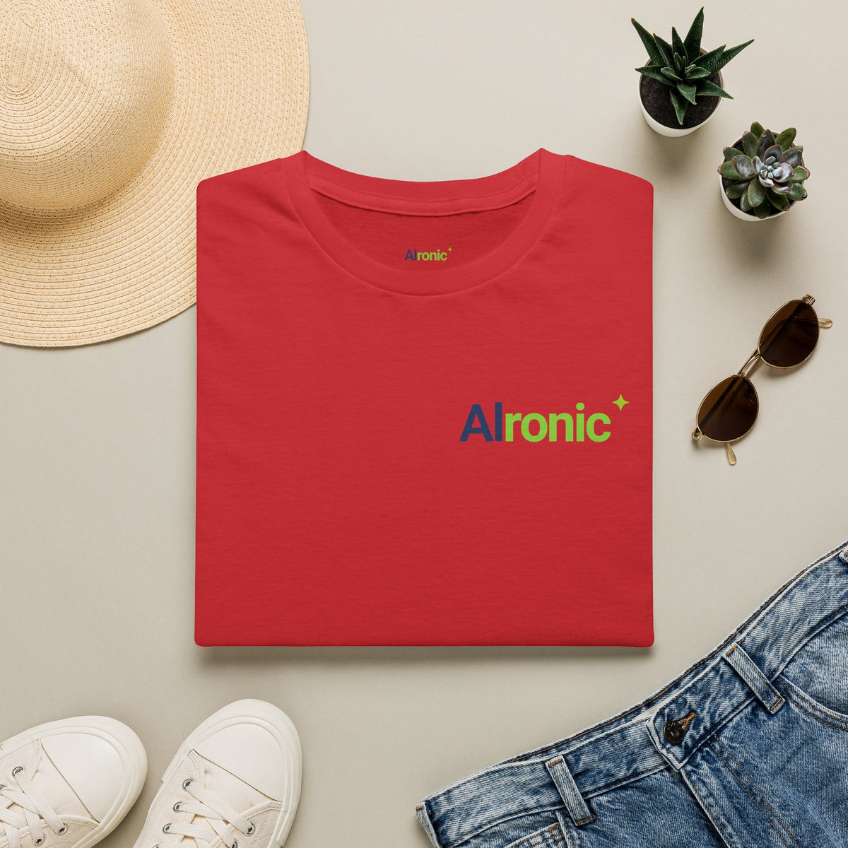 Red T-Shirt featuring "AIronic Logo with AIron" AI humor design by AIronic, gallery view 12