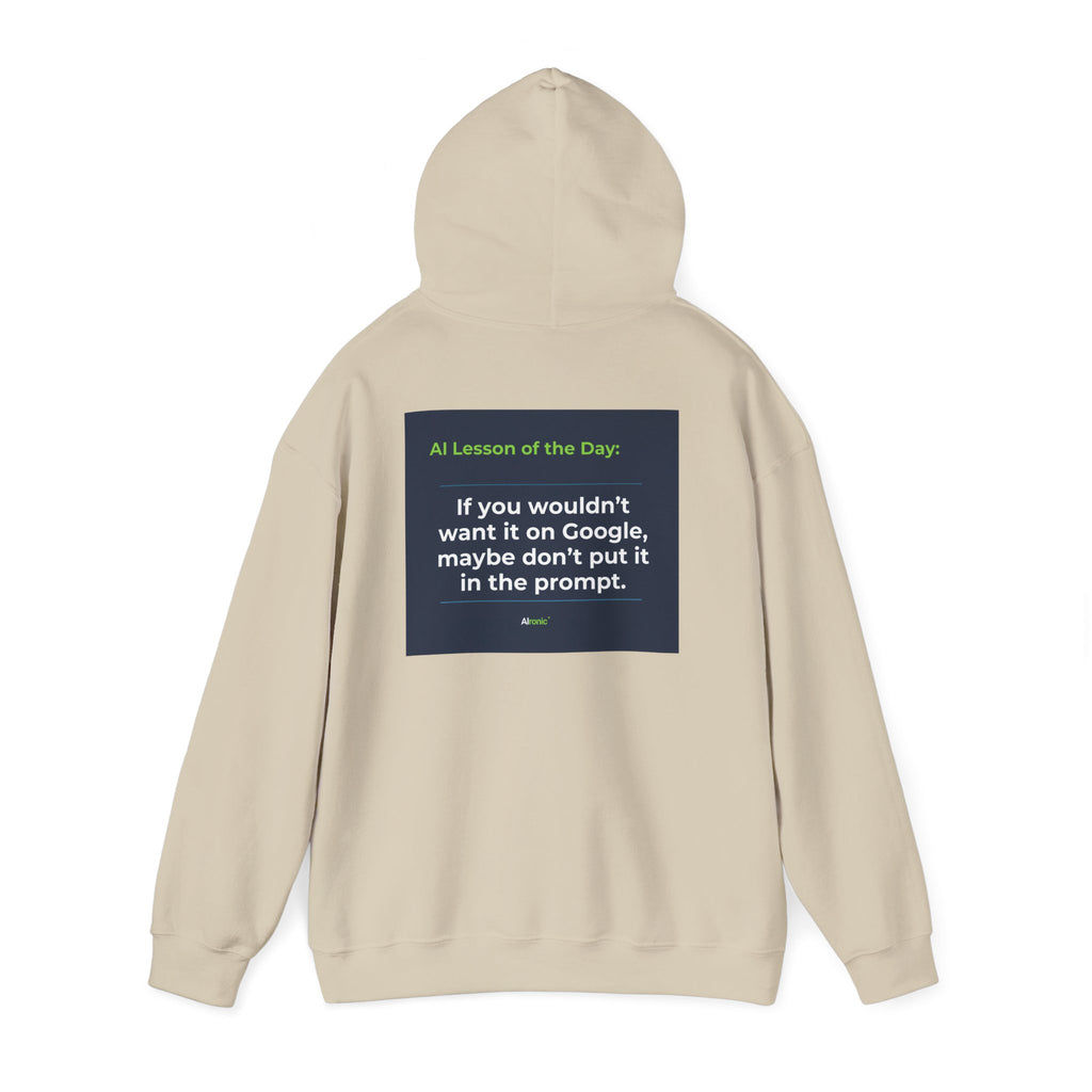 Hoodie featuring "Google Prompt Privacy" AI humor design by AIronic, gallery view 19