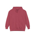 Crimson hoodie featuring “AI has seen my prompts. It has concerns” AI humor design by AIronic, catalog view 1