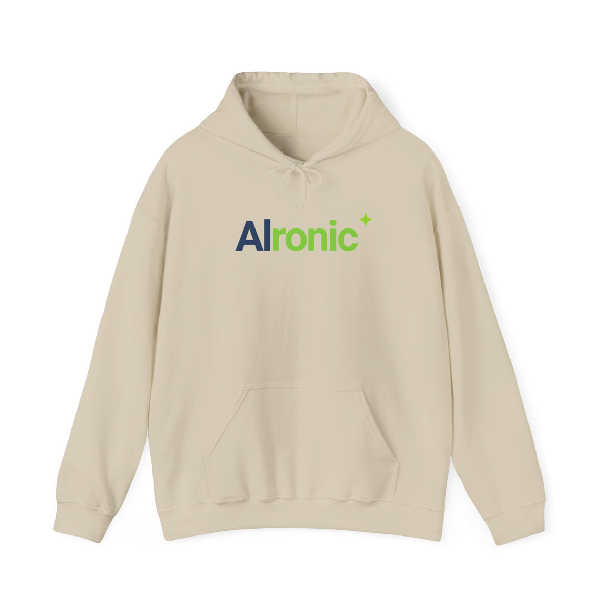 Sand hoodie featuring “AI created this shirt” AI humor design by AIronic, catalog view 1