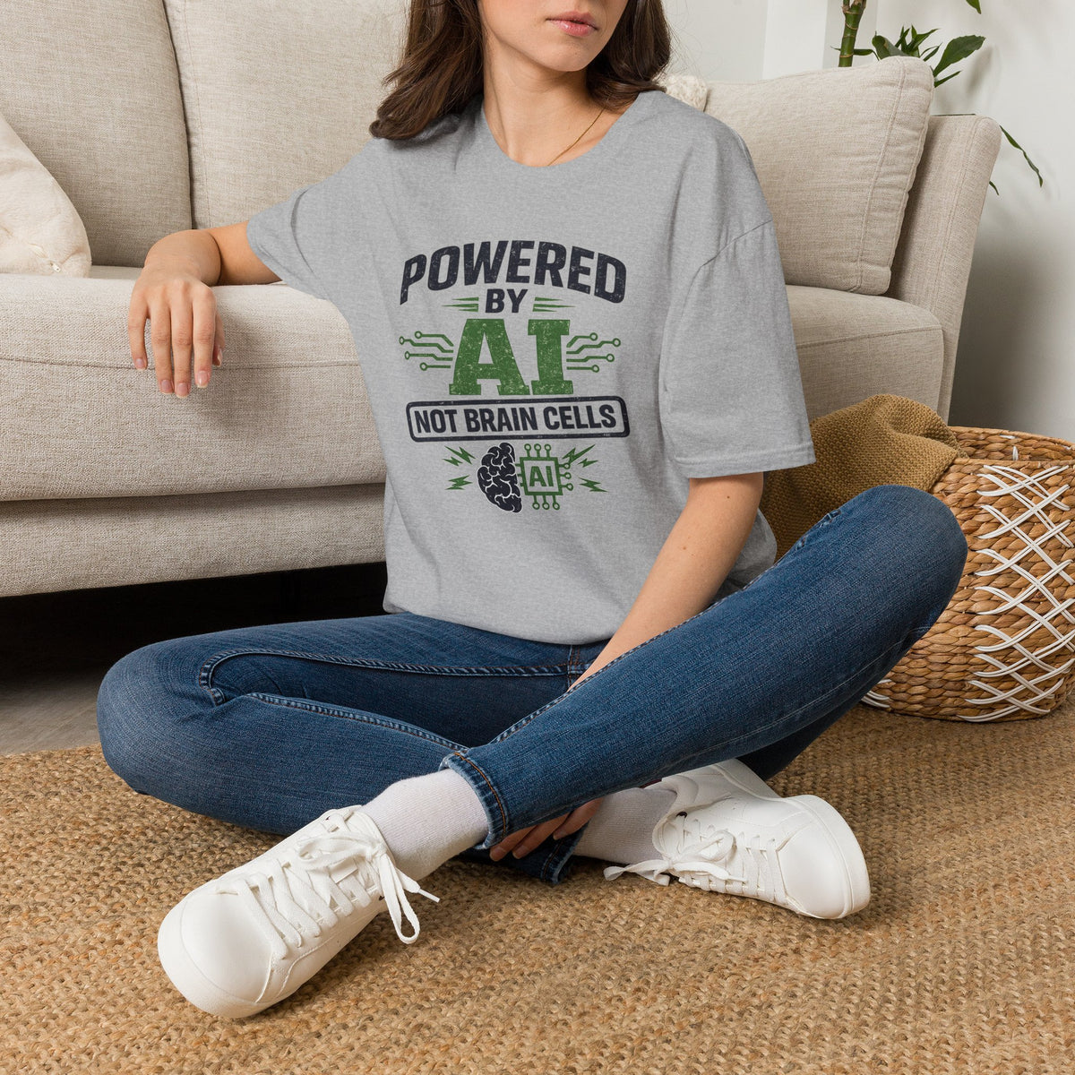 T-Shirt featuring "Powered by AI" AI humor design by AIronic, gallery view 22