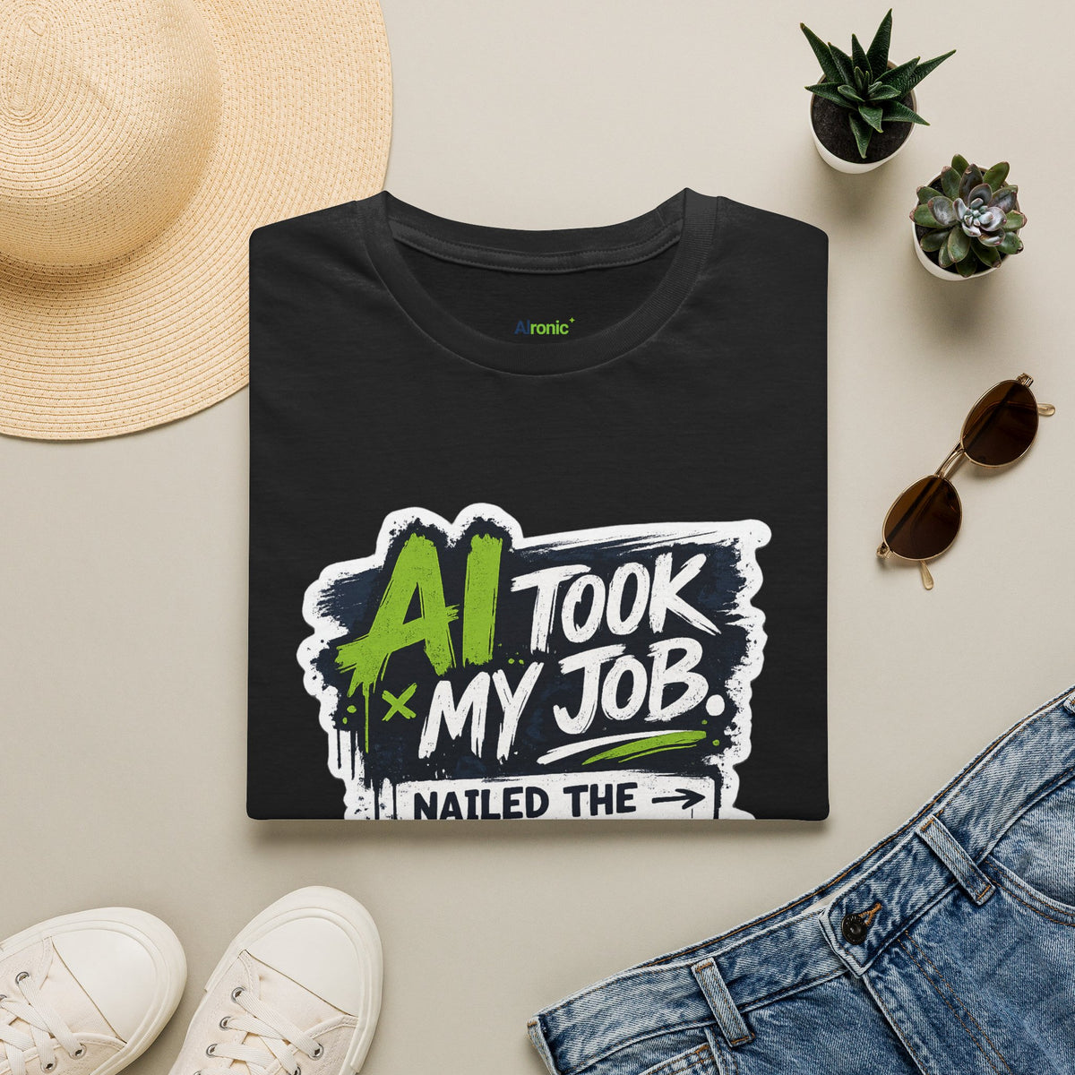 Black T-Shirt featuring "AI Took My Job - Nailed Exit Interview" AI humor design by AIronic, gallery view 2