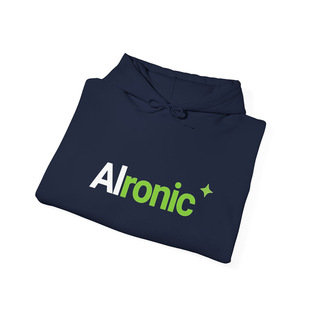 Black hoodie featuring “AI created this shirt” AI humor design by AIronic, catalog view 4