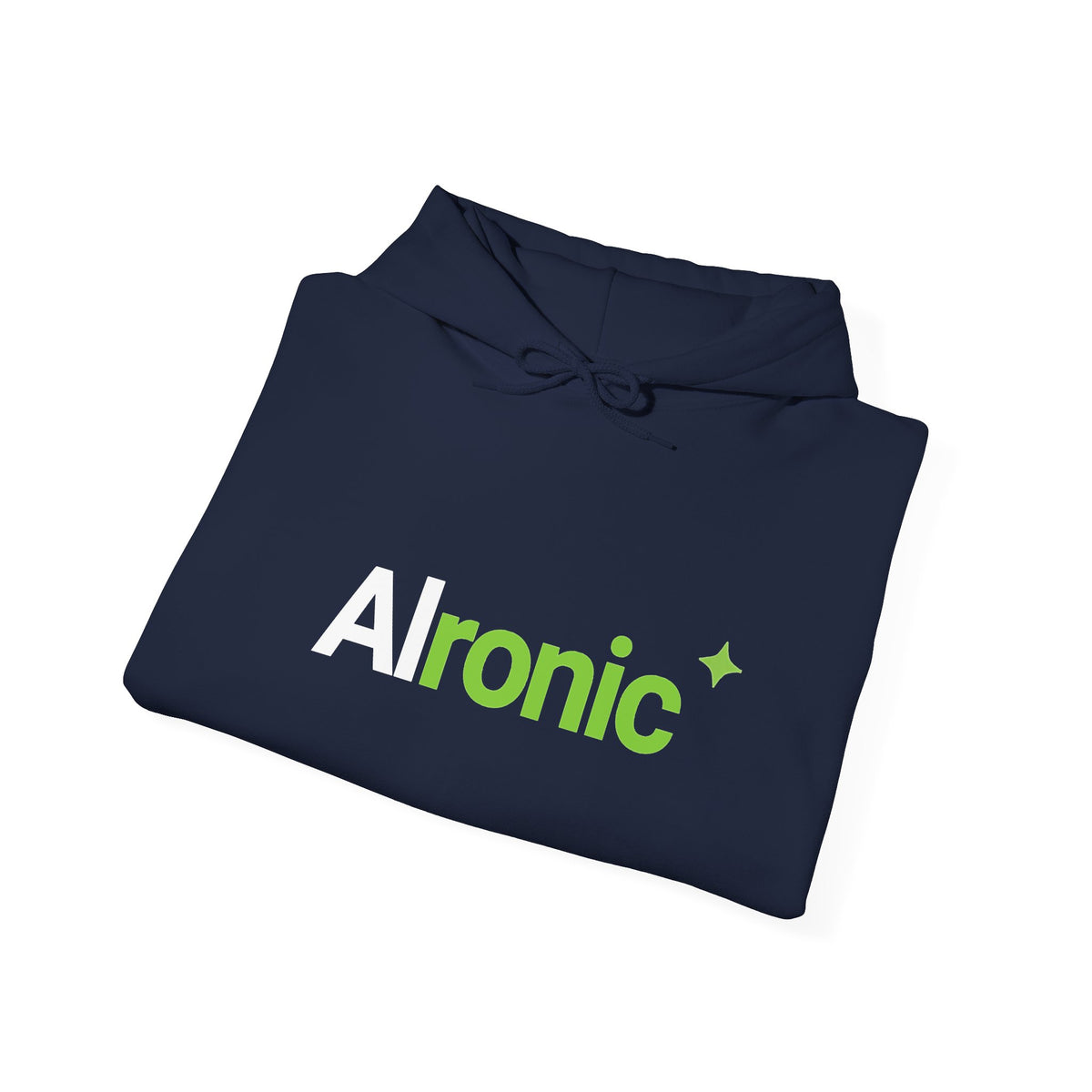 Black hoodie featuring “AI created this shirt” AI humor design by AIronic, catalog view 4