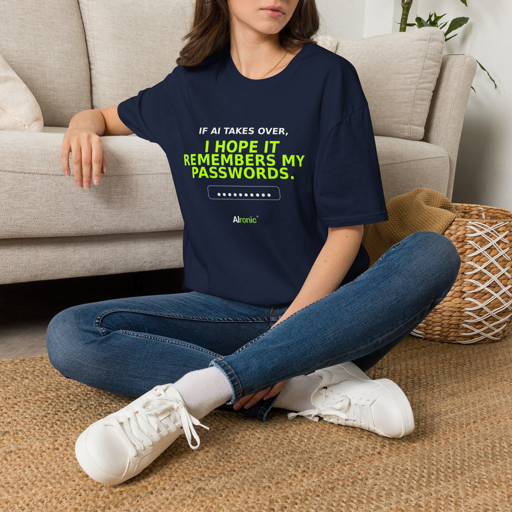 Model wearing Navy T-shirt with "I hope AI remembers my passwords" AI humor design by AIronic