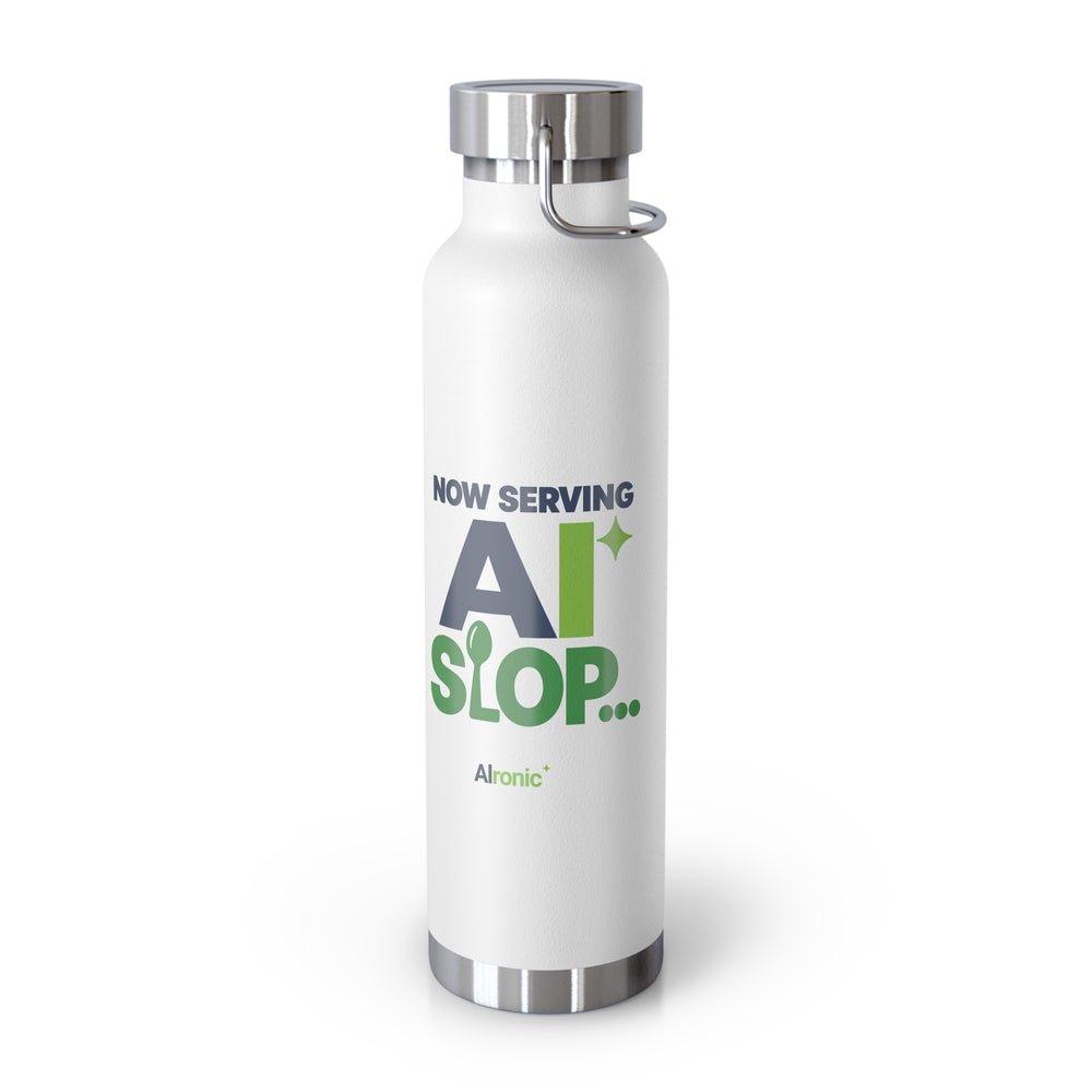 AIronic water bottle featuring "Now Serving AI Slop" AI humor design, gallery view 1